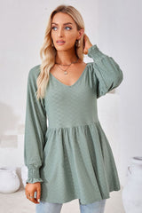 V-Neck Lantern Sleeve Blouse - Flyclothing LLC