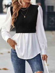 Contrast Round Neck Puff Sleeve Blouse - Flyclothing LLC