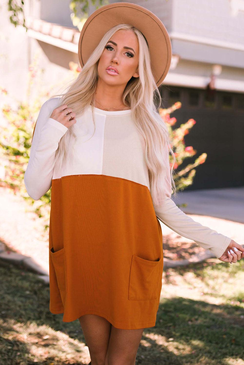 Color Block Round Neck Longline Top with Pockets - Trendsi