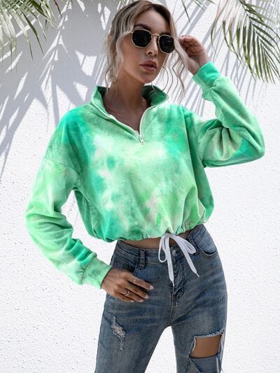 Tie-Dye Quarter Zip Dropped Shoulder Sweatshirt - Flyclothing LLC