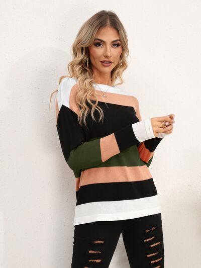 Striped Round Neck Dropped Shoulder Sweater - Flyclothing LLC