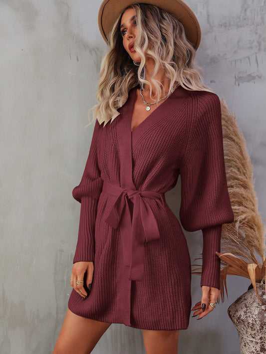 Belted Surplice Lantern Sleeve Wrap Sweater Dress - Trendsi