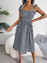 Frill Plaid Square Neck Midi Dress - Flyclothing LLC