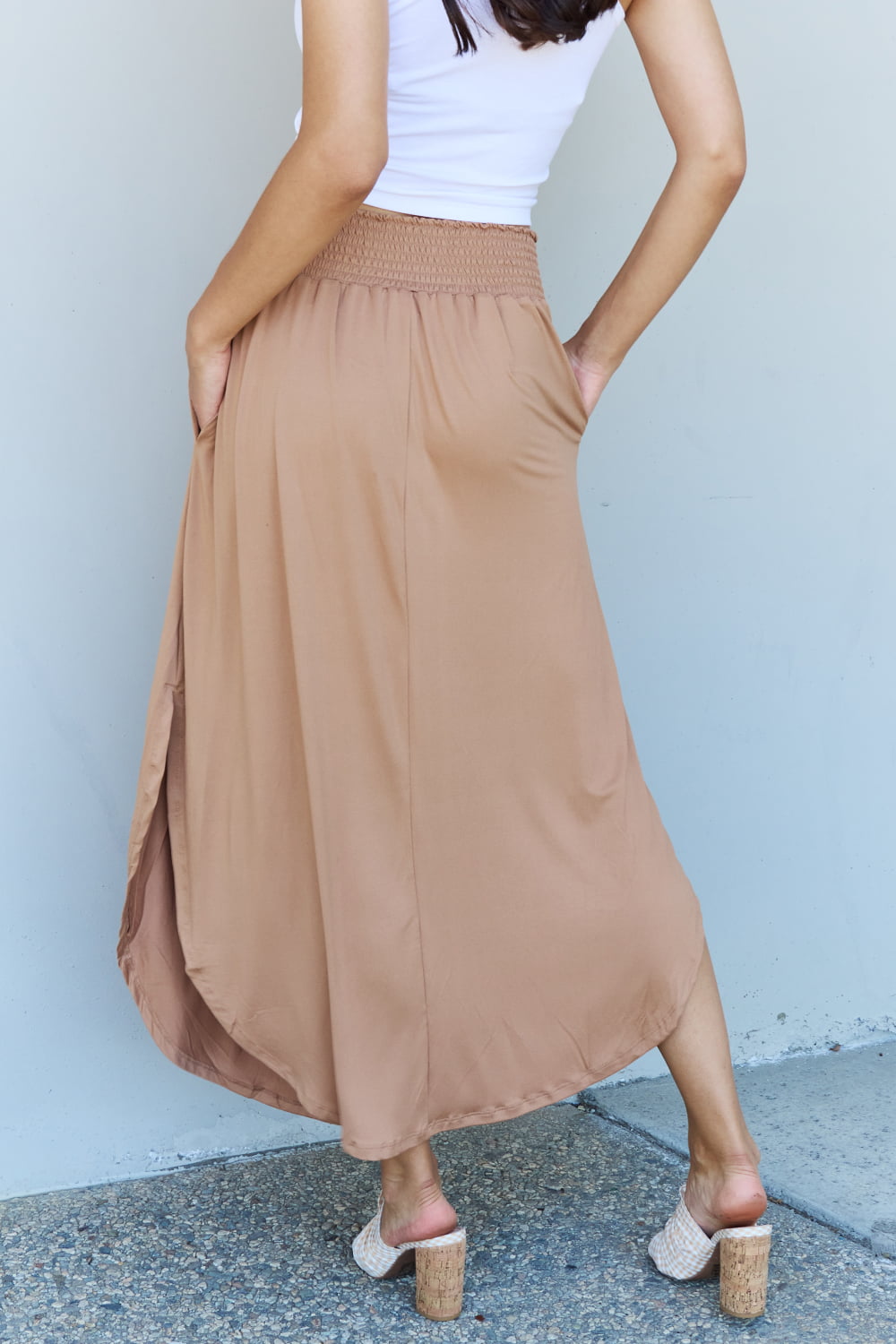 Doublju Comfort Princess Full Size High Waist Scoop Hem Maxi Skirt in Tan - Flyclothing LLC