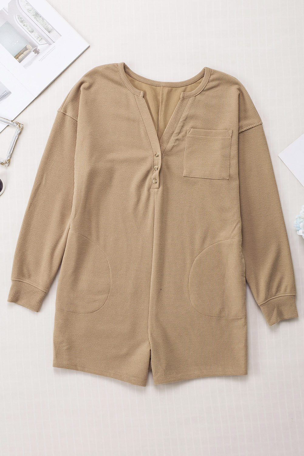 Notched Neck Long Sleeve Romper - Flyclothing LLC