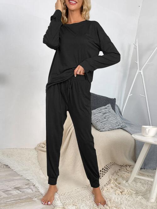 Round Neck Top and Drawstring Pants Lounge Set - Flyclothing LLC