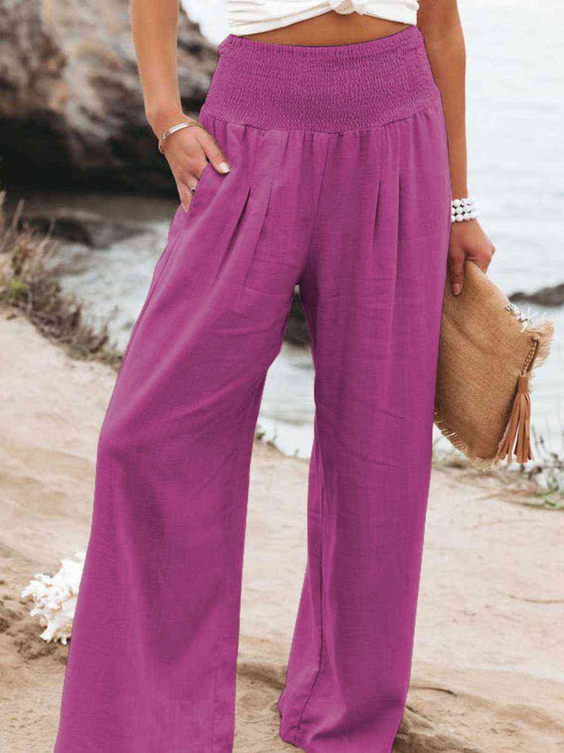 Pink Panther Wide Leg Palazzo Pants with Shirred Waist, Pink