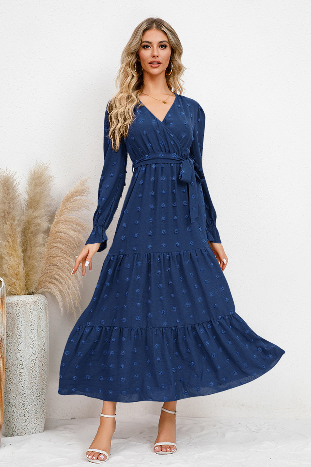 Swiss Dot Tied Surplice Flounce Sleeve Dress - Flyclothing LLC