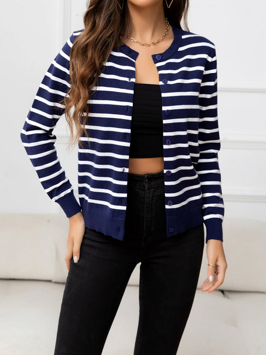 Striped Round Neck Long Sleeve Buttoned Knit Top - Flyclothing LLC