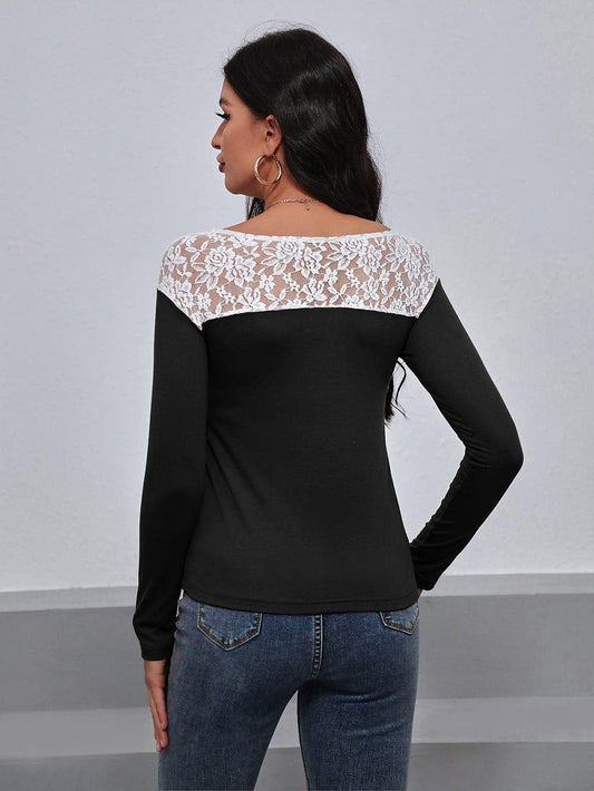 Lace Trim Long Sleeve Round Neck Tee - Trendsi