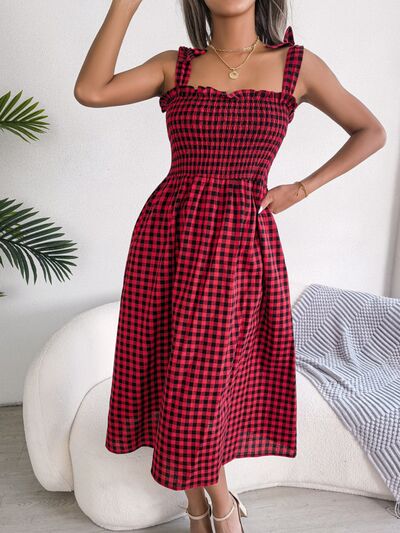 Frill Plaid Square Neck Midi Dress - Flyclothing LLC