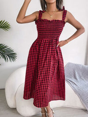 Frill Plaid Square Neck Midi Dress - Flyclothing LLC