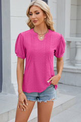 Eyelet Notched Puff Sleeve Blouse - Trendsi