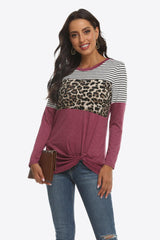 Mixed Print Gathered Detail Long Sleeve Top - Flyclothing LLC