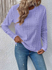 Eyelet Round Neck Long Sleeve Top - Flyclothing LLC