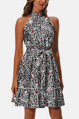 Printed Tie Waist Frill Trim Dress - Flyclothing LLC