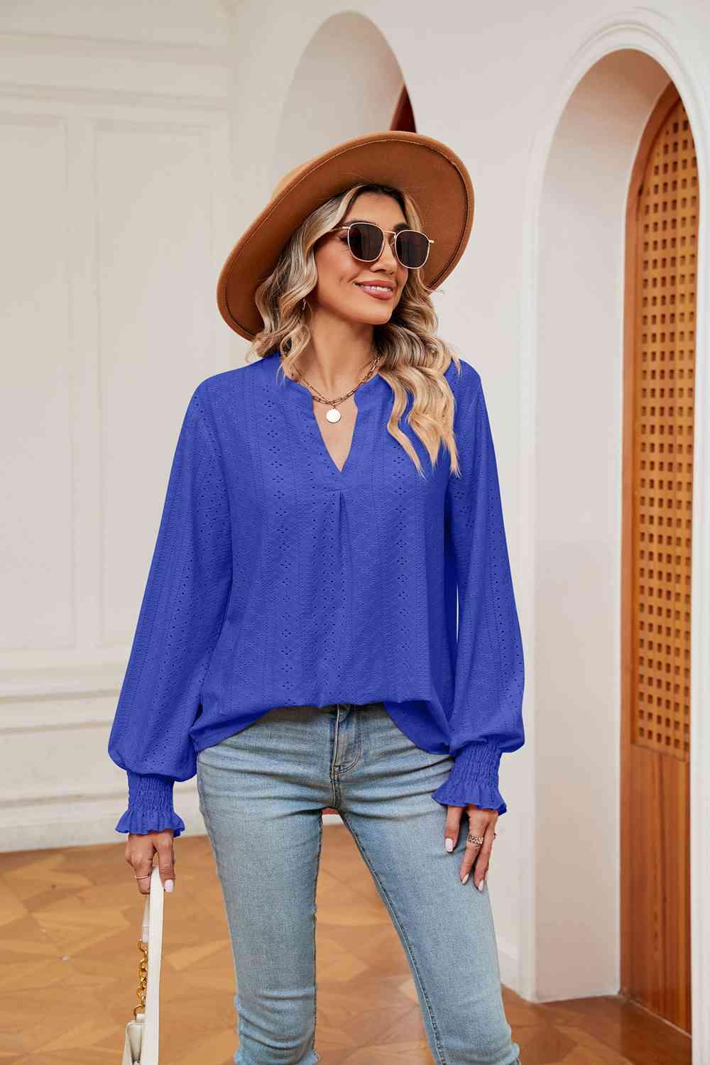 Notched Neck Flounce Sleeve Blouse - Flyclothing LLC