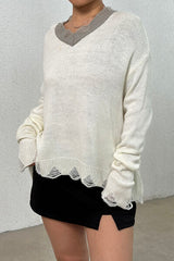 Distressed V-Neck Dropped Shoulder Sweater - Flyclothing LLC