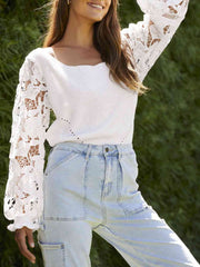 Ribbed Lace Trim Flounce Sleeve Knit Top - Flyclothing LLC