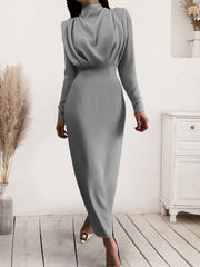 Ruched Turtleneck Long Sleeve Dress - Flyclothing LLC