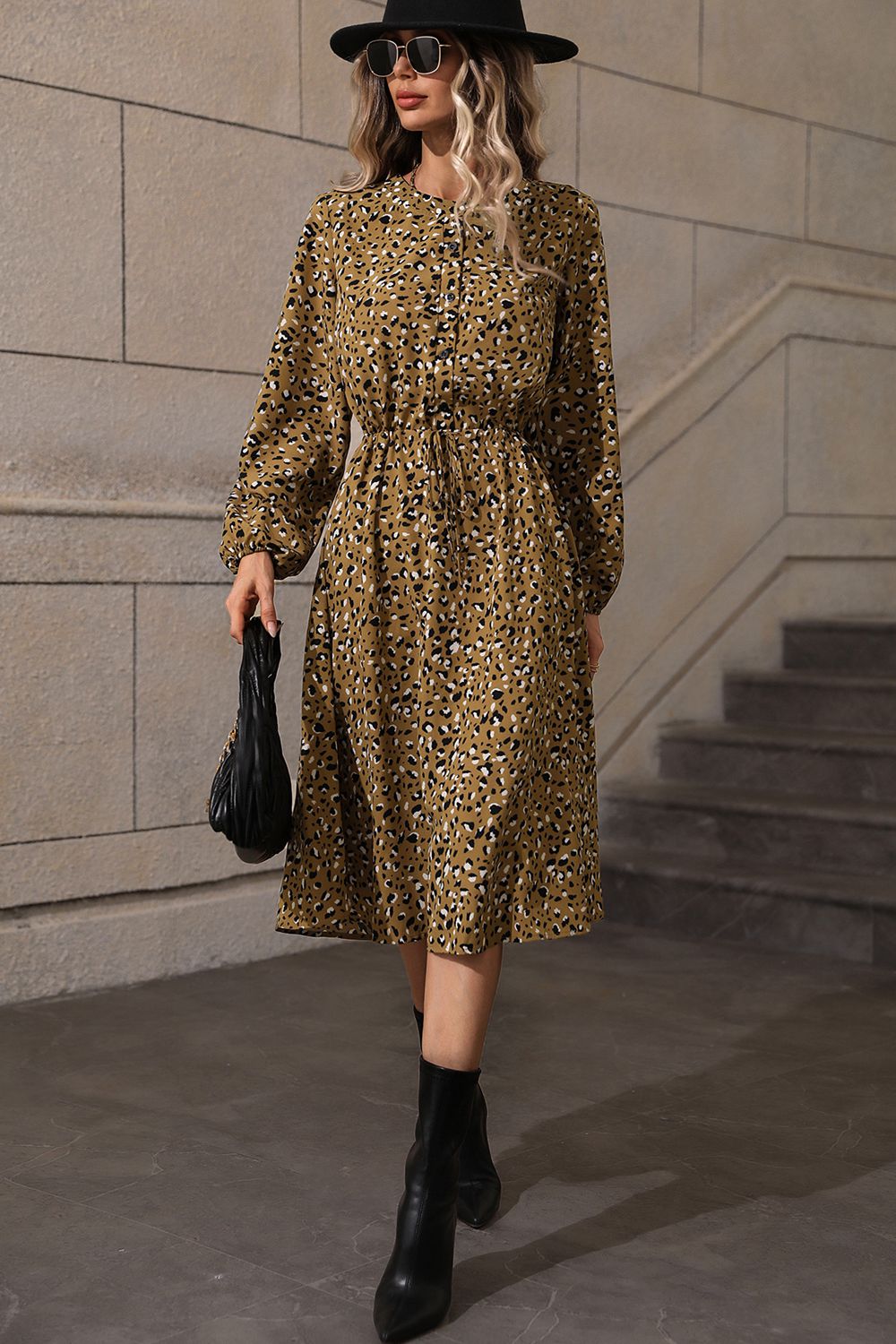 Printed Long Sleeve Midi Dress - Flyclothing LLC