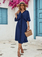 Frill Slit V-Neck Three-Quarter Sleeve Dress - Flyclothing LLC