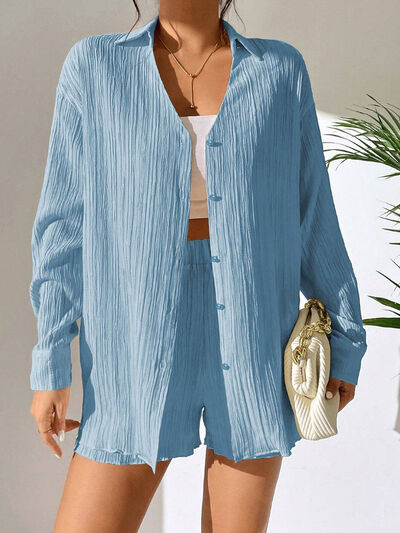 Textured Buttoned Shirt and Shorts Set - Flyclothing LLC