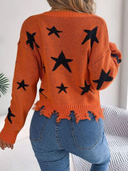 Star Pattern Distressed V-Neck Cropped Sweater - Flyclothing LLC