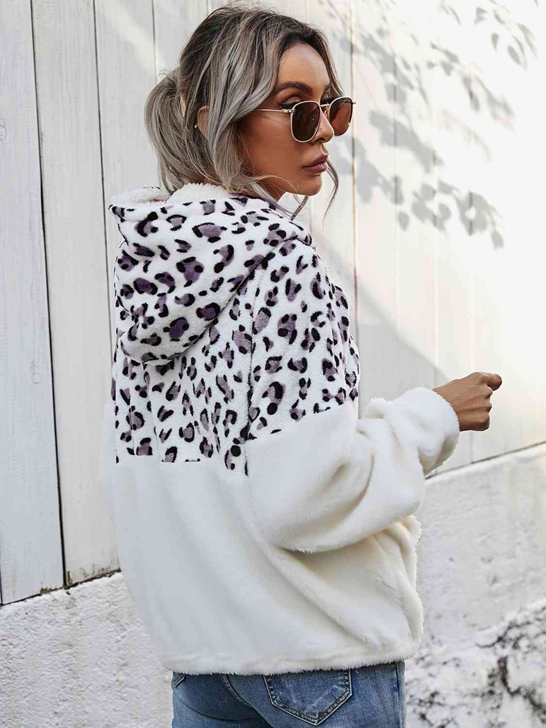 Leopard Half-Zip Dropped Shoulder Hoodie - Flyclothing LLC