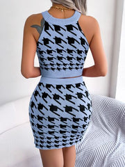 Houndstooth Sleeveless Top and Skirt Sweater Set - Flyclothing LLC