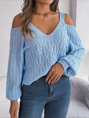 Cable-Knit Cold Shoulder Long Sleeve Sweater - Flyclothing LLC