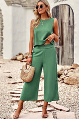 Buttoned Round Neck Tank and Wide Leg Pants Set - Flyclothing LLC