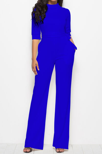 Mock Neck Tie-Waist Half Sleeve Jumpsuit - Flyclothing LLC