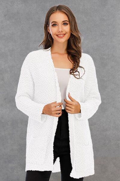 Pocketed Open Front Long Sleeve Cardigan - Flyclothing LLC