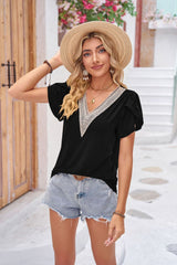 Contrast V-Neck Petal Sleeve Top - Flyclothing LLC