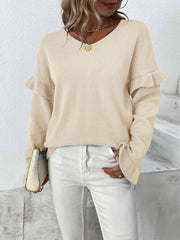 Ruffled V-Neck Dropped Shoulder Sweater - Flyclothing LLC