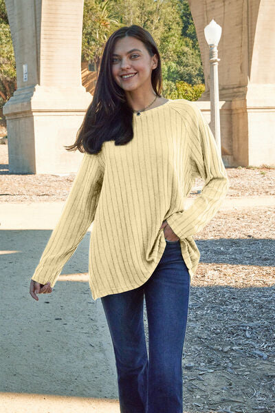 Basic Bae Full Size Ribbed Round Neck Long Sleeve Knit Top - Flyclothing LLC