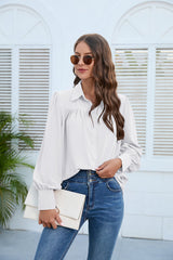 Puff Sleeve Collared Neck Shirt - Flyclothing LLC