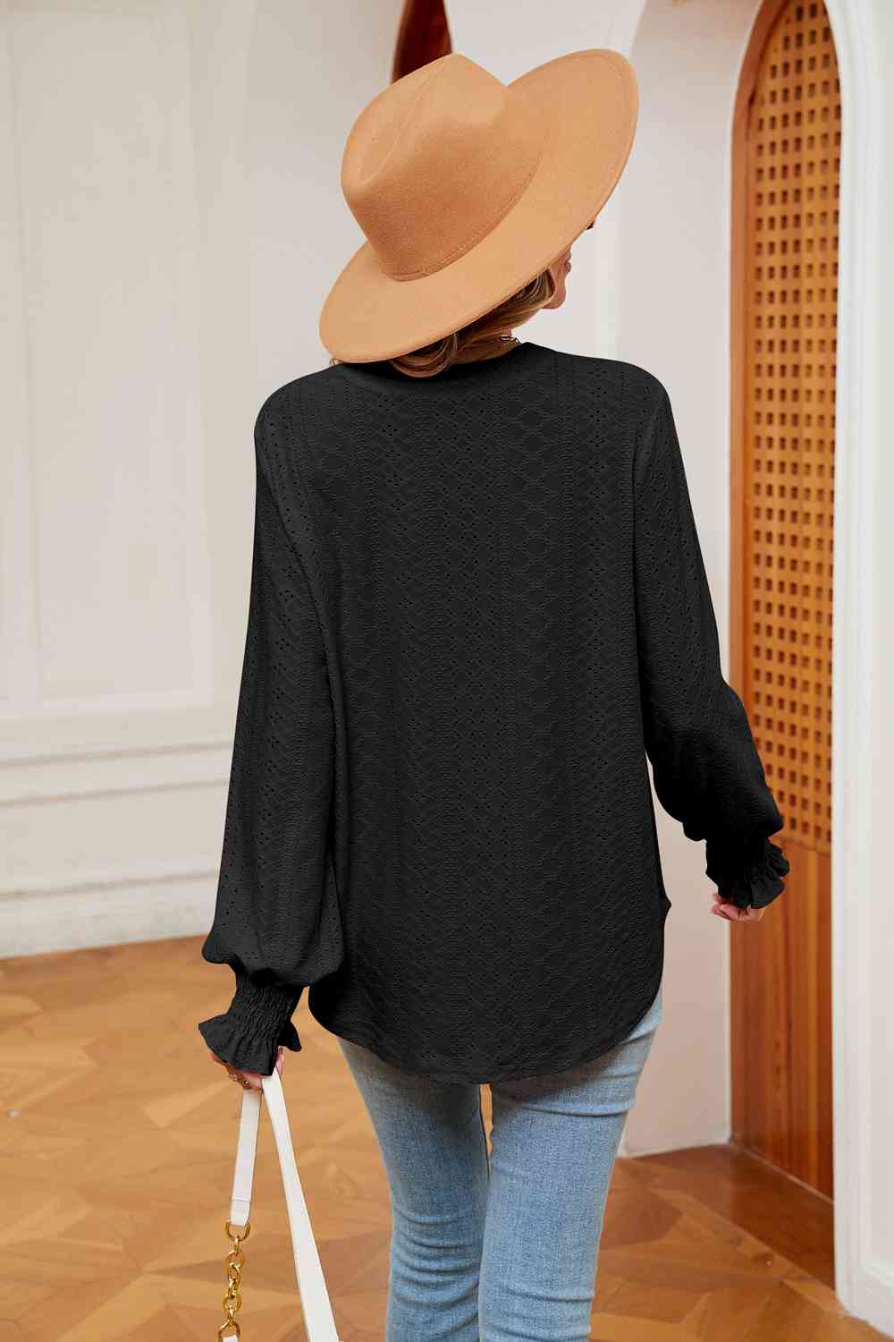 Notched Neck Flounce Sleeve Blouse - Flyclothing LLC