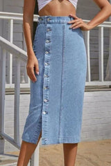 Button Fly Split Denim Skirt - Flyclothing LLC