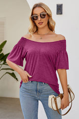 Smocked Round Neck Flutter Sleeve T-Shirt - Flyclothing LLC