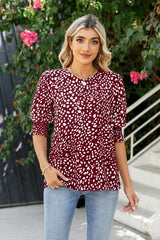 Polka Dot Round Neck Lantern Sleeve Blouse - Flyclothing LLC