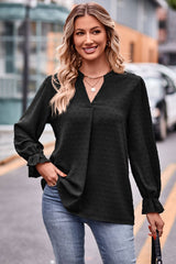 Swiss Dot Notched Neck Flounce Sleeve Blouse - Flyclothing LLC