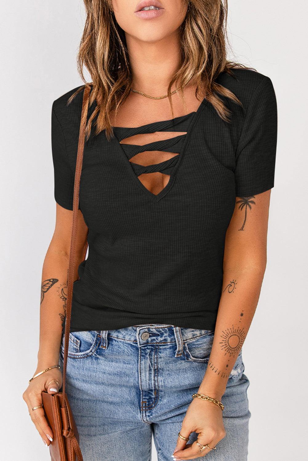 Strappy Ribbed Knit T-Shirt - Flyclothing LLC