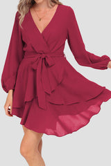 Tied Surplice Balloon Sleeve Layered Dress - Flyclothing LLC