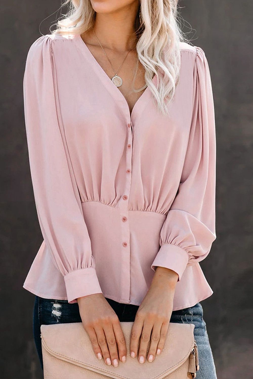 Buttoned Puff Sleeve Blouse - Flyclothing LLC