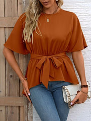 Tied Round Neck Half Sleeve Blouse - Flyclothing LLC