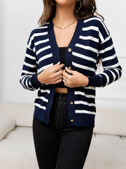 Striped Dropped Shoulder V-Neck Knit Top - Flyclothing LLC