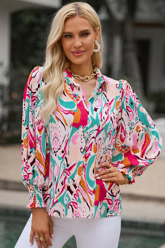 Printed Puff Sleeve Collared Blouse - Flyclothing LLC