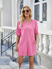 Backless Pocketed Round Neck Half Sleeve Romper - Trendsi